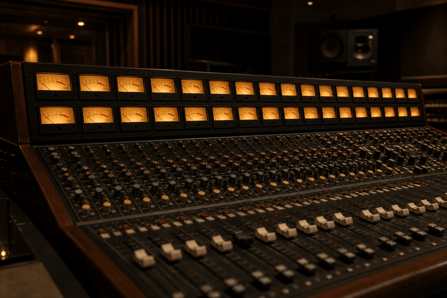 A large-format recording console with an illuminated VU meter bridge